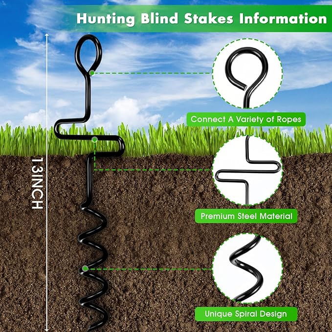 4 Pack Hunting Blind Stakes, 13 Inch Metal Spiral Tent Tacks, Heavy Duty Camping Tent Auger Stakes for Hunting Blinds and Tarps, Screw in Stake Ground Anchors for High Winds, Black