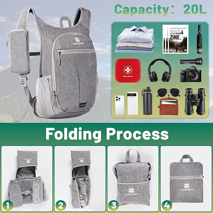 20L Small Hiking Backpack for Women - Lightweight Packable Backpack for Men, Waterproof Foldable Daypack for Travel, Hiking, and Daily Use, Adjustable Chest Strap Multiple Pockets, Gray