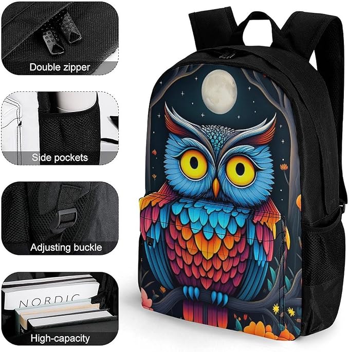 Supdreamc Lightweight Backpack for Gym Travel Bicycle, Big Capacity Multipurpose Anti-Theft Carry On Bag, Trippy Owl Red Floral Moon Art Travel Hiking Bag Day Pack
