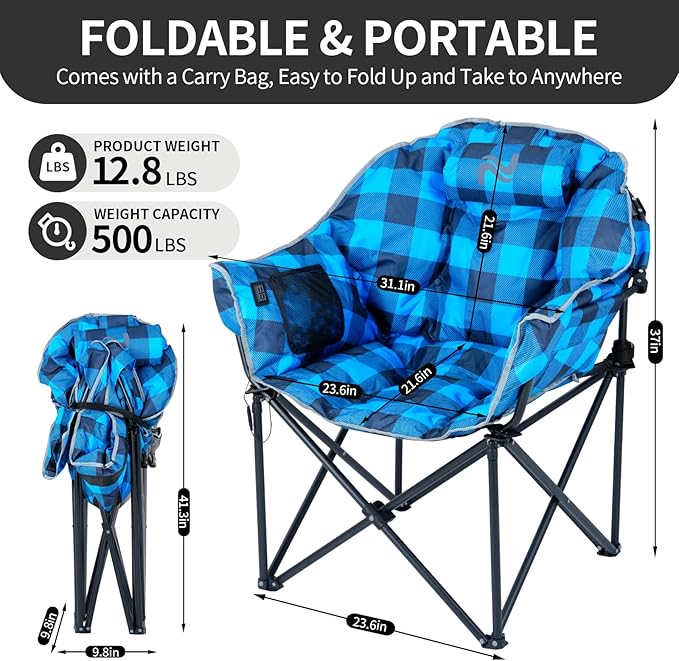 2 Pack Oversized Heated Camping Chair, 3 Heating Levels Portable Folding Camp Chairs with Pillow and Storage Bag, Outdoor Heated Moon Chair for Camping Lawn Patio Beach and Picnics, Blue Grid