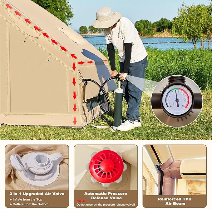 Inflatable Tents for Camping, Blow Up Tent with Hand Pump, Easy Setup Inflatable Hot Tent with Stove Jack, Waterproof Oxford Air Glamping Tents for Camping Adult 4 Person Upgrade Version