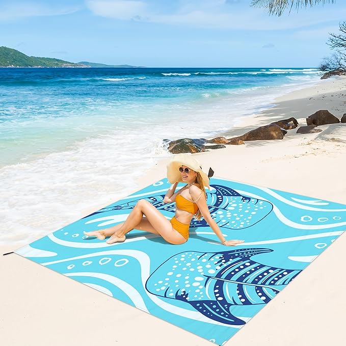 Beach Blanket Waterproof Sandproof, 9 Ft X 10 Ft Extra Large Sand Free Beach Mat, Big Compact Lightweight Quick Drying Picnic Blanket with 4 Stakes & Pockets for Camping, Travel, Hiking
