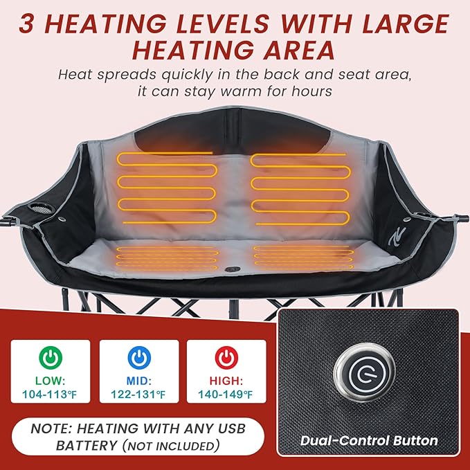 DoCred Heated Double Camping Chair, Heated Folding Camping Chairs Loveseat Outdoor Sports,Heating Oversized Lawn Chairs for Adults,2 Person Camp Chair with 3 Heat Levels, Battery NOT Included