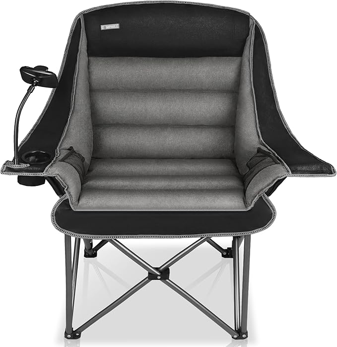 Camping Chairs for Adults-Oversized Extra Large Lawn Chair,Folding Comfy Padded Chair w/Phone Holder,Side Pocket,Cup Holder for Outdoor,Wide&Thick,Heavy Duty 400Lbs,Black