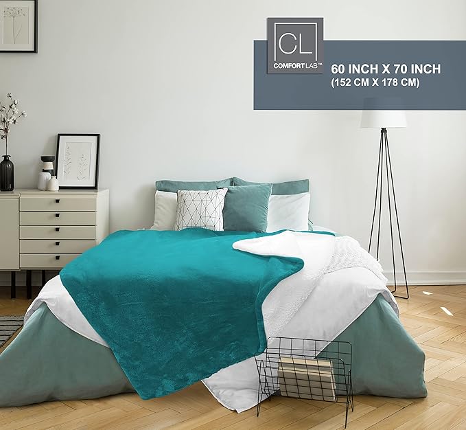 Comfort Lab Reversible Flannel Sherpa Throw Blanket - Elegant Fluffy Throw Blankets for Couch and Home Decor - Anti Pilling Non Shedding Cozy & Warm Fleece Throws - Oversize Throw (60" x 70") - Teal