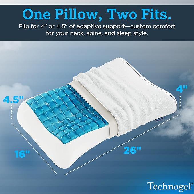 Technogel Contour Pillow with Cooling Gel – Ergonomic Neck, Shoulder and Cervical Support – Memory Foam with Temperature Regulation – for Back, Side Sleeper - Dual Heights Design, (4" & 4.5")