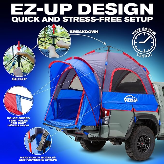 Pittman - Truck Bed Tent with EZ-UP Design - Pickup Truck Tent for Camping - Includes Rain Fly, Extra Wide Entry, Oversize Air Mesh & Porch Cover - Premium Pickup Bed Camper