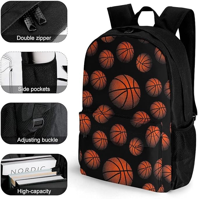 Polyester Daypack Backpack for Climbing Outdoors Running, Big Capacity Multipurpose Anti-Theft Bookbag, Basketball Black Travel Hiking Camping Rucksack