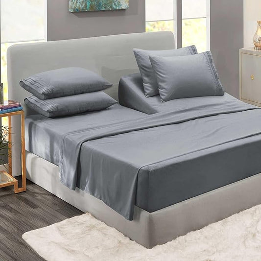 Clara Clark Flex Top King Sheets - Hotel Luxury 6 Piece Bed Sheets for Top Split King Bed - Soft Bedding Sheets & Pillowcases, Head Split King Size. Medium Grey