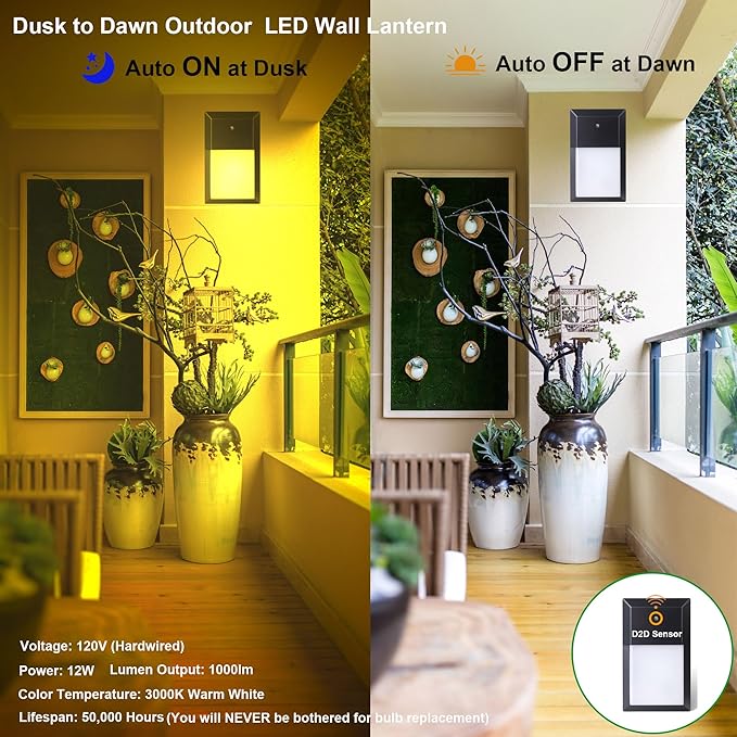 LIT-PaTH Dusk to Dawn Outdoor Wall Lantern, LED Wall Sconce for Porch Lighting Fixture, 3000K 12W 1000 Lumens, Aluminum Housing Plus PC, Black Finish, 1-Pack