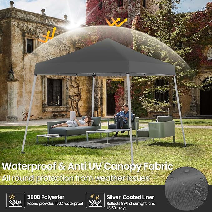 10x10 Pop Up Canopy, 300D Silver Coated Grey Fabric Outdoor Gazebo, Beach Tent Slant Legs with Storage Bag,Easy Up Sun Shade Shelter Tents with 8x8 Top Cover for Patio,Party