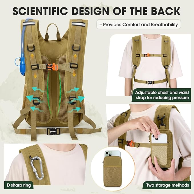 RAINSMORE Tactical Hydration Backpack 18L with 2L Water Bladder & Rain Cover, Insulated Molle Hiking Daypack, Lightweight Waterproof Ripstop Water Pack for Outdoor Cycling, Hiking