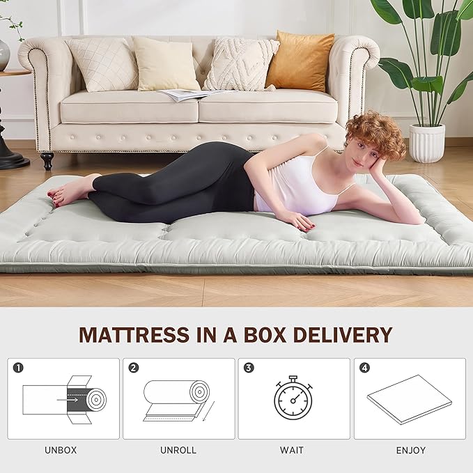 Japanese Floor Futon Mattress Queen Size, 4" Thicken Foldable Mattress Tatami Mat Sleeping Pad, 25D Foam Filled Traditional Shiki Futon (shikibuton), Designed in Japan (Light Grey 60"x 80")