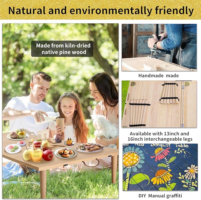 30 * 60 Low Picnic Table for Sitting on The Floor，Foldable Table for Patoi,Garden,Beach,Camping,with a Clear Varnish,Natural