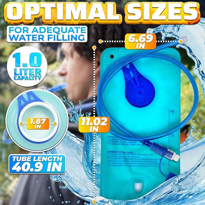 Water Bladder for Hiking Backpack – 1L/1.5L TPU Material Hydration Bladder with Readable Markup, Large Opening Lid, Mouthpiece Cap & Easy Tube Connection – Water Pouch for Backpac , Camping Trips