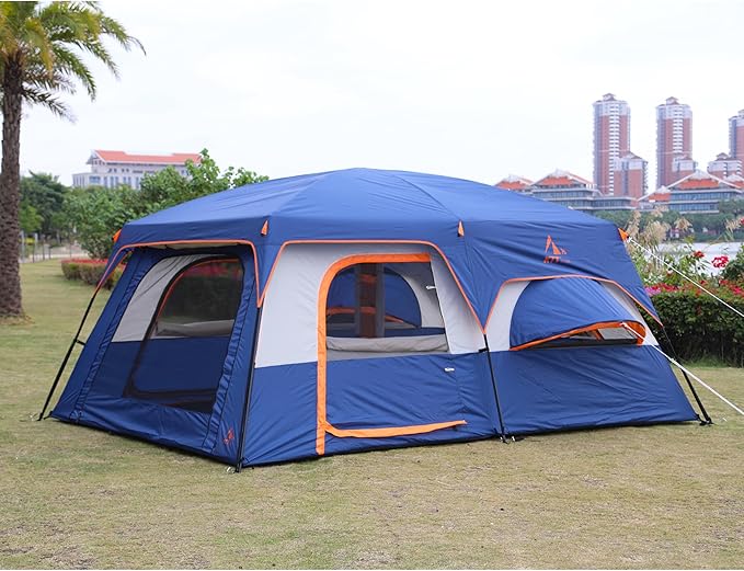 KTT Extra Large Tent 6-10-12-14 Person(B),Family Cabin Tents,2 Rooms,3 Doors and 3 Windows with Mesh,Straight Wall,Waterproof,Double Layer,Big Tent for Outdoor,Picnic,Camping,Family Gathering