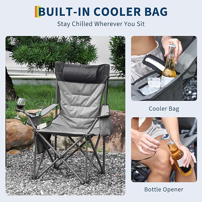 Oversized Padded Camping Chairs, Hevy Duty Folding Camp Chair - 500Lbs Support for Adults - Comfortable Camping Chair with High Back & Pillow, 2 Pack