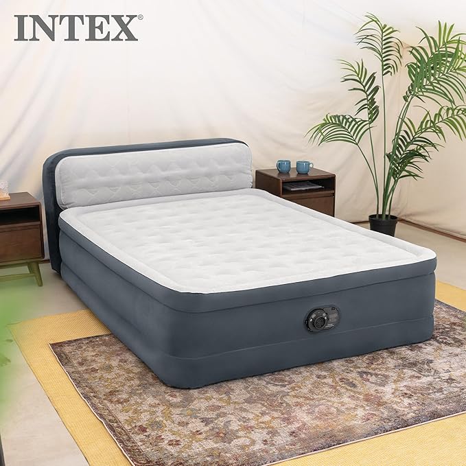Intex Queen Size Air Mattress, 18in Height Airbed with Headboard, Built-in Pump, Dura-Beam Deluxe Ultra-Plush - Portable Inflatable Bed for Camping & Travel