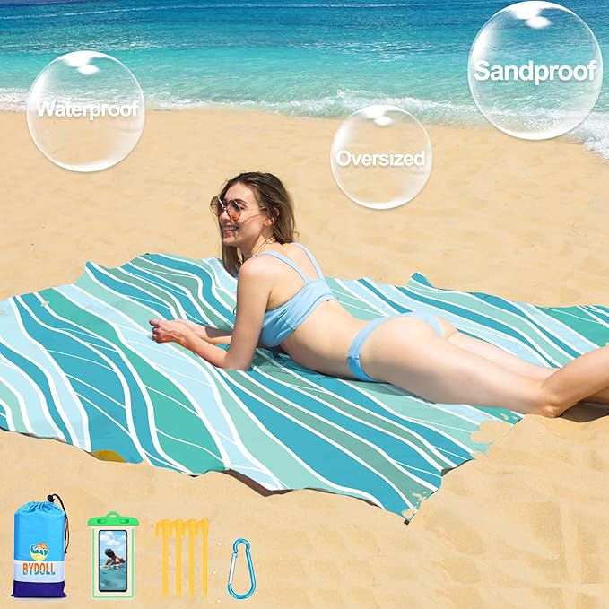 BYDOLL Beach Blanket Waterproof Sandproof Large 78''×81''/10'×9' Sand Free Oversized Sandless Picnic Mat Water Proof Packable Lightweight Blanket for Beach Camping Hiking Travel