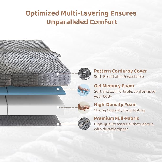 BYBYME Memory Foam Tri-Folding Mattress, 6 Inch Gel Folding Mattress Topper, Foldable Soft Guest Bed Camping Pad, with Washable Cover