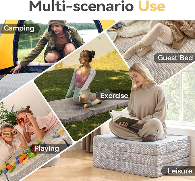 BDEUS Memory Foam Folding Mattress 4 Inch Small Queen Size with Protable Storage Bag, Trifold Mattress Topper Soft Guest Bed Floor Mat for Kids Camping Road Trip, Gray, 58 x 78 Inch