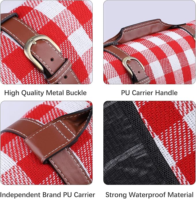 Extra Large Picnic Blanket Waterproof Camping Mat Rug with PU Carrier Soft Lightweight Portable Outdoor Mat for Travel Lawn Camping on Grass Sand-Proof Beach Red White Plaid