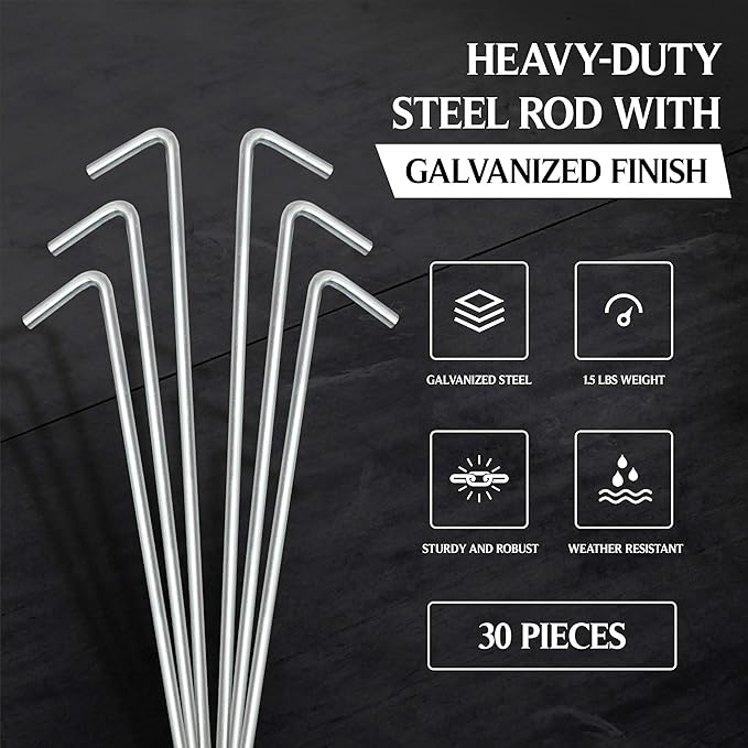Tent Stakes For Outdoor Camping Heavy Duty Metal, Galvanized Rust-Free Yard Stakes, 10 Garden Edging Fence Hook | Garden Stakes For Gardening & Canopies, Tent Pegs - By Ram-Pro