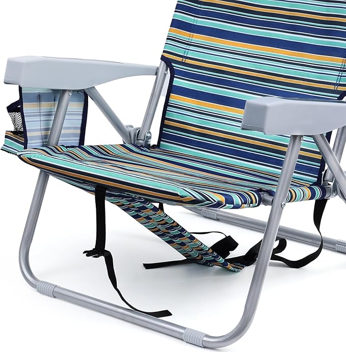 Backpack Beach Chair for Adults, Folding Beach Chair with 4 Positions, Heavy Duty Chair with Large Cooler Pouch Support to 350LBS (Stripes_Blue&Cyan&Yellow)