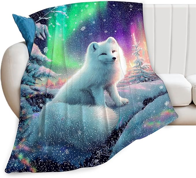 White Fox Blanket Winter Aurora Night Animal Throw Blankets Gifts for Girls Boys Kids Fox Lover Soft Cozy Fleece Plush for Couch Sofa Bed 50"x40"