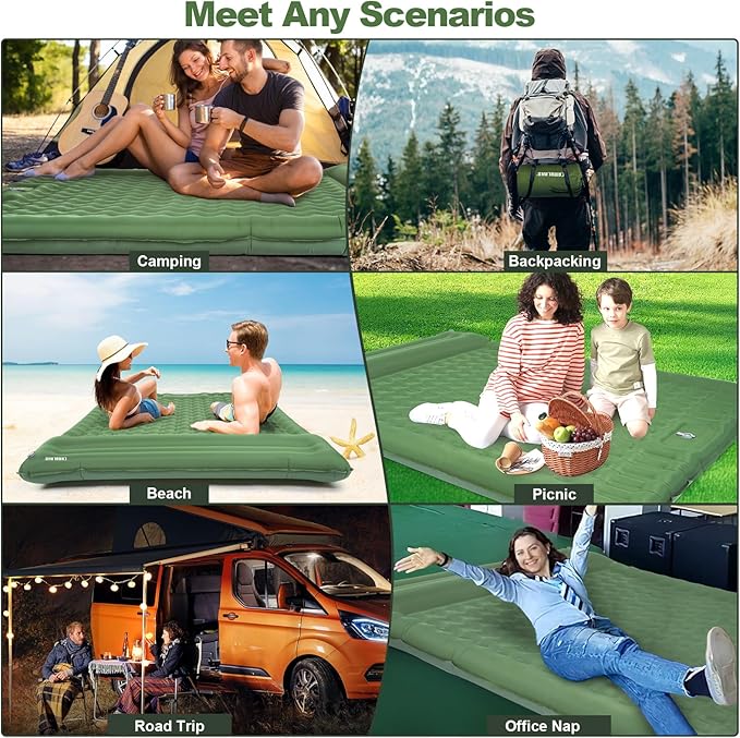 CAMULAND Double Camping Sleeping Pad, 4.7" Ultra-Thick Self Inflating 2 Person Inflatable Mat with Built-in Pillow Foot Pump, Waterproof for Backpacking, Hiking, Tent, RV Travel,Olive Green