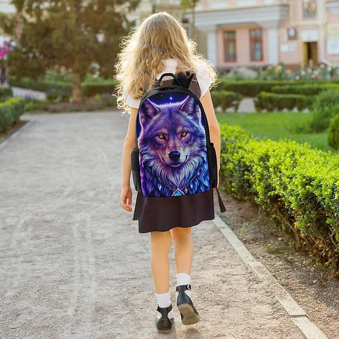 Men Women Lightweight Blue Universe Galaxy Magic Wolf In The Space Casual Daypack Large Capacity Bookbag With Adjustable Shoulder Straps for Gym Business Bicycle