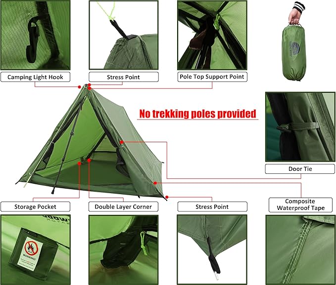 2-Person Trekking Pole Tent for Backpacking - Ultralight A-Frame Backpacking Tent, Two Person Waterproof Hiking Tent for Camping, Lightweight Camping Tent for Scouts, Trekker (No Poles)