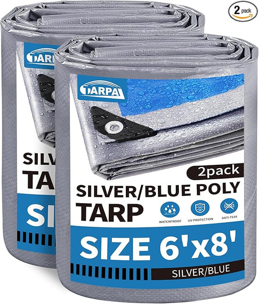 TARPAL Tarp 6x8 Feet (2 Pack) Tarp Waterproof Small tarp 7.5mil Waterproof tarps for Outdoors,UV Protection,Rip and Tear Proof,Poly Tarpaulin(Silver/Blue)