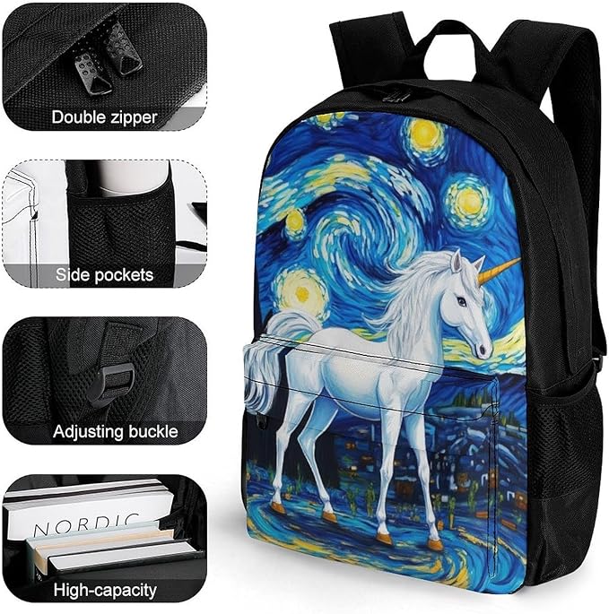 Supdreamc Backpack Multipurpose Anti-Theft Large Capacity Bookbag, Unicorns Starry Night Art Travel Hiking Daypack With Side Pockets