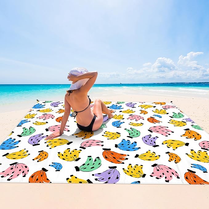 Beach Blanket, Waterproof Sandproof Beach Mat with 4 Stakes & 4 Pockets, 78''×86'' Large Compact Lightweight Sand Free Outdoor Essentials for Beach, Picnic, Travel, Camping