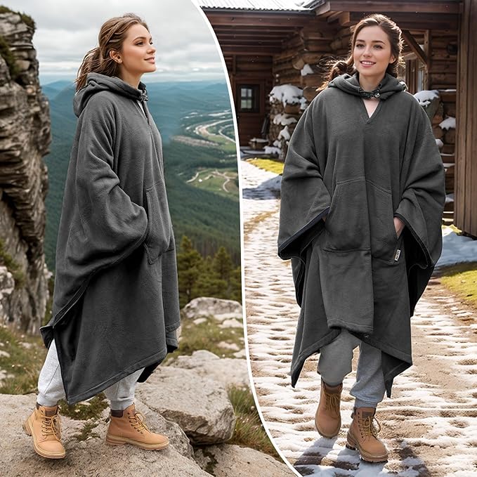 Fleece Camping Blanket, Large Poncho Wearable Blankets, Soft, Warm & Cozy, Lightweight, Portable, 74.5 in * 63 in, for Outdoors, Stadium, Concerts, Travel, Sports, Hiking, Beach, Sofa, Festival