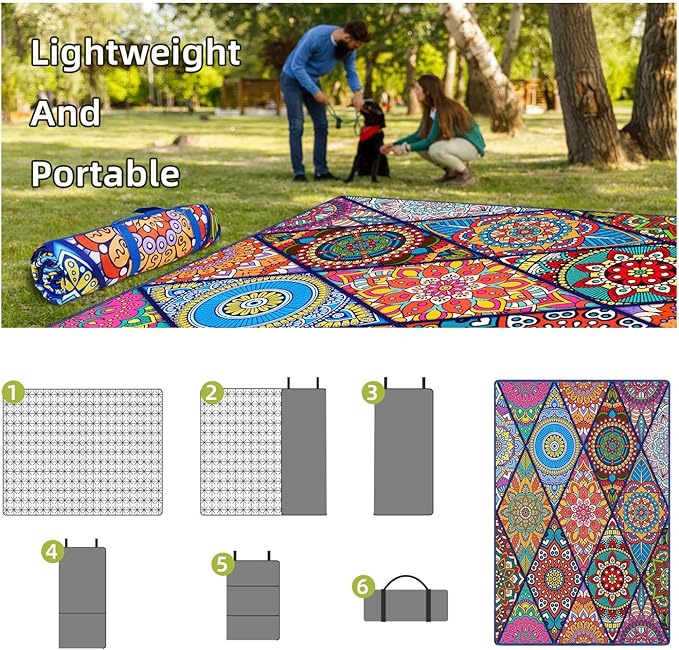 Waterproof Picnic Blankets Foldable & Portable 60''x80'' Boho Picnic Mat for Outdoors, Large Washable Picnic Blanket for Travel Camping Beach, Park Grass Picnic Blanket Accessories for Adults