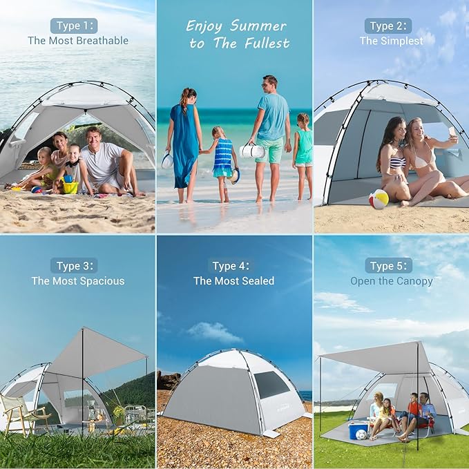 Elegear CumbreX™ Beach Tent Sun Shelter with Canopy, 4-5 Person Pop Up Beach Tent, Easy Setup UPF 50+ UV Protection Portable Lightweight Double Silver Coating Cabana Sun Shade Shelter - Silver
