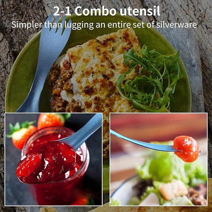 OUTXE 2-Pack Titanium Ultra Lightweight Camping Utensil, Eco-Friendly Spork for Backpacking, Hiking, Outdoors Ice-Crystal Blue.