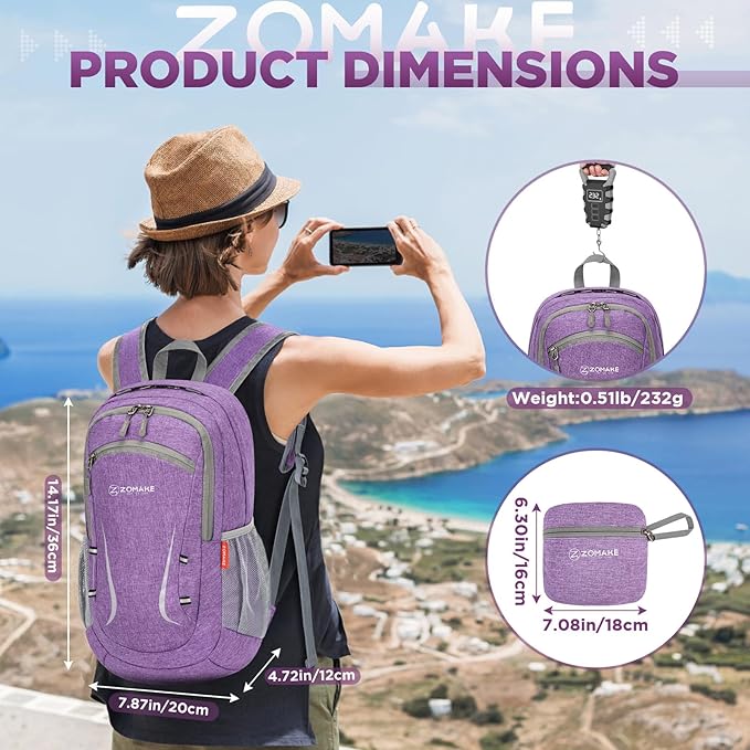 ZOMAKE Ultra Lightweight Packable Backpack 20L,Small Foldable Backpacks Hiking Water Resistant Collapsible Daypack for Women Men(Light Purple-A2)
