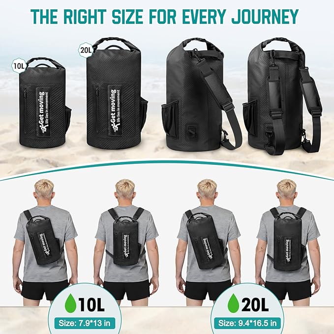 BKNOOU Dry Bag Waterproof for Women Men, 10L/20L Roll Top Lightweight Dry Storage Bag Backpack for Travel, Kayaking, Boating, Rafting, Camping, Hiking and Beach, with Phone Case (Black, 10L)
