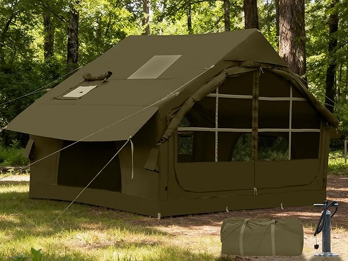 Inflatable Tents for Camping with Stove Jack, 2/4/6/8 Person Easy Setup Blow Up Tents for 4 Seasons Waterproof Inflatable Camping Tent with Awning, Air House Glamping Tents for Camping Adult