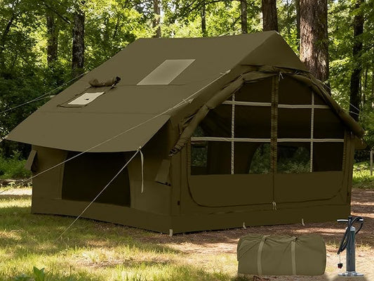 Inflatable Tents for Camping with Stove Jack, 2/4/6/8 Person Easy Setup Blow Up Tents for 4 Seasons Waterproof Inflatable Camping Tent with Awning, Air House Glamping Tents for Camping Adult