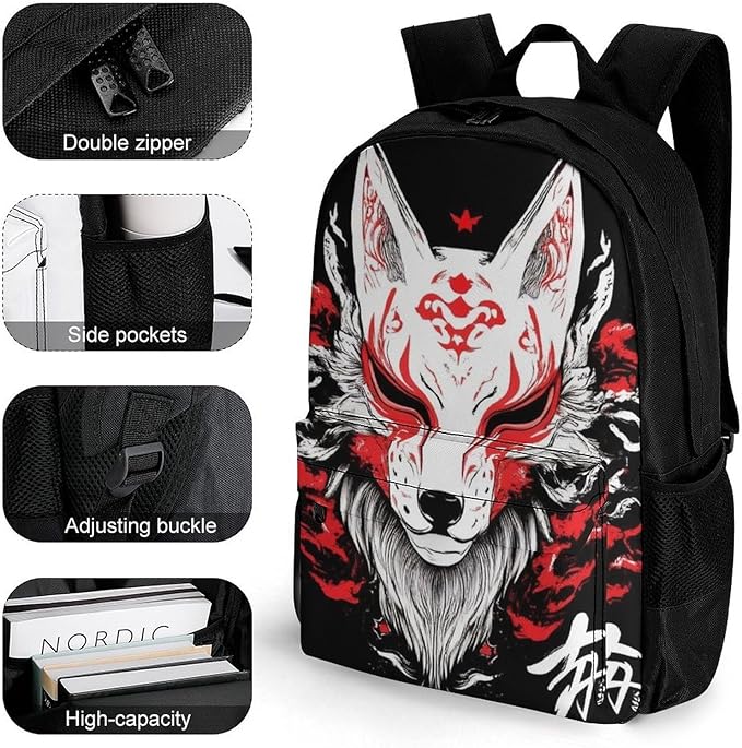 Polyester Daypack for Hiking Work Running, Big Capacity Anti-Theft Multipurpose Shoulder Bag, Japanese Kitsune Mask Fox Art Travel and Sport Backpack Rucksack