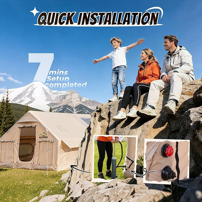 Inflatable Tent with Skylight, Quick Setup Blow Up Tents with Pump, Hot Tent with Stove Jack, Waterproof Oxford Inflatable House for Camping, Air Glamping Tents for Camping Adult 4-6 Person