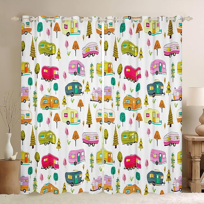 Feelyou Vintage Camper Curtains for Bedroom Living Room RV Travel Trailer Blackout Shades Camping Theme Room Darkening Curtain Window Treatments, 2 Panels 52 x 96 Inch Decor