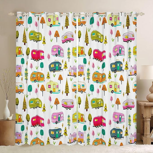 Feelyou Vintage Camper Curtains for Bedroom Living Room RV Travel Trailer Blackout Shades Camping Theme Room Darkening Curtain Window Treatments, 2 Panels 52 x 96 Inch Decor