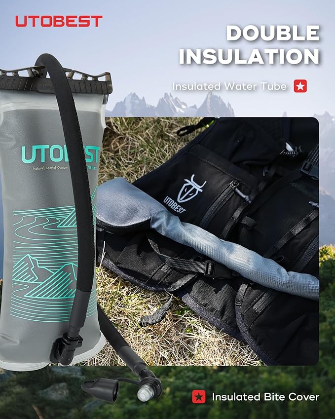 Insulated Water Bladder with Bite Valve Cover Keeps Water Cool or Warm for Hours, Leakproof TPU Hydration for Hiking Camping and Backpacking