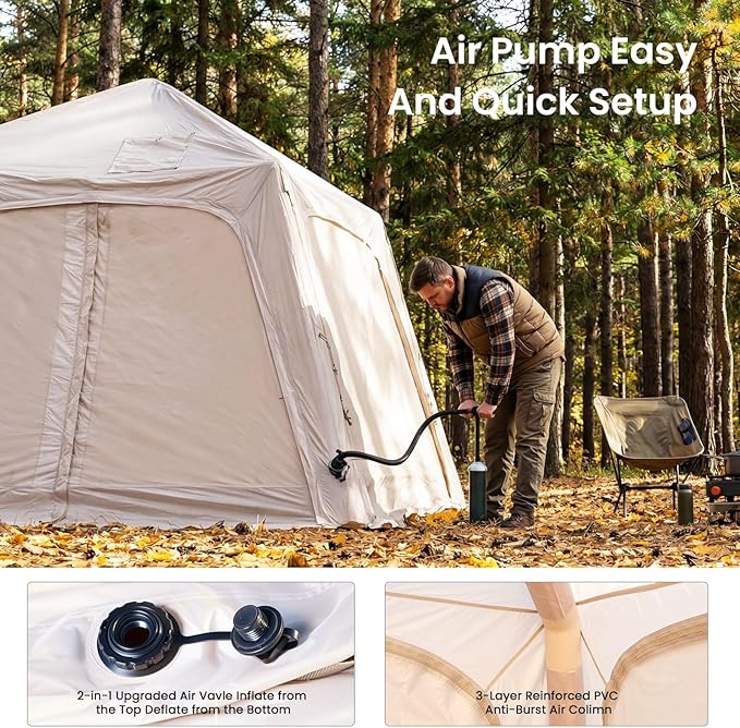 Inflatable Tents for Camping, Blow Up Tent with Hand Pump, Easy Setup Inflatable Hot Tent with Stove Jack, Waterproof Oxford Air Glamping Tents for Camping Adult 4 Person Upgrade Version
