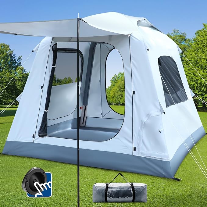Quick Inflatable Camping Tent 3-4 Person Glamping Outdoor Air Blow Up Tents, Easy Set up,Rainfly & Waterproof Inflatable House Tent for Adults